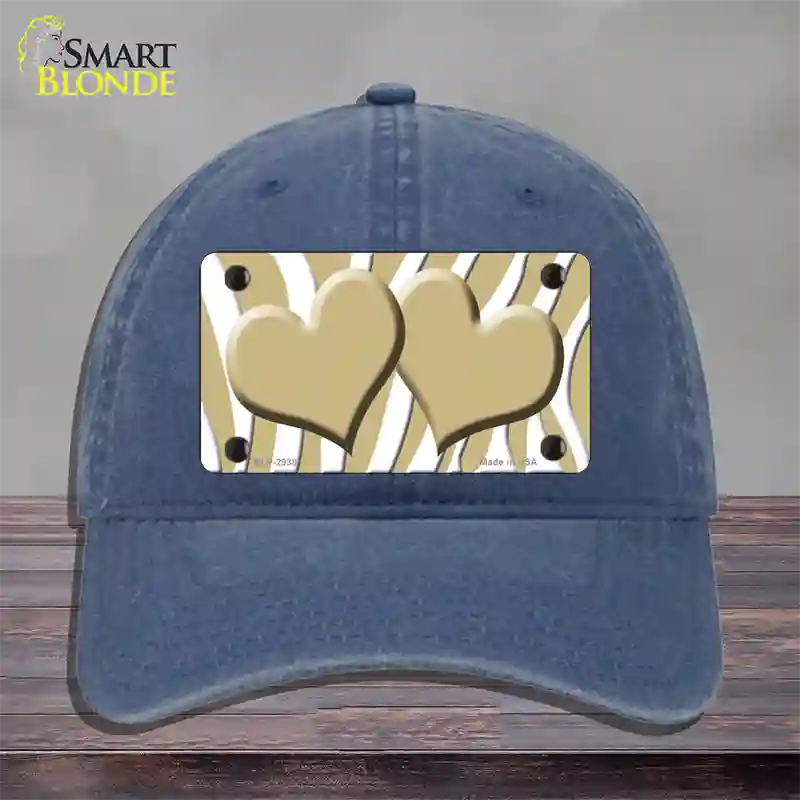 Gold White Zebra Gold Centered Hearts Novelty License Plate Hat Unconstructed Cotton / Navy