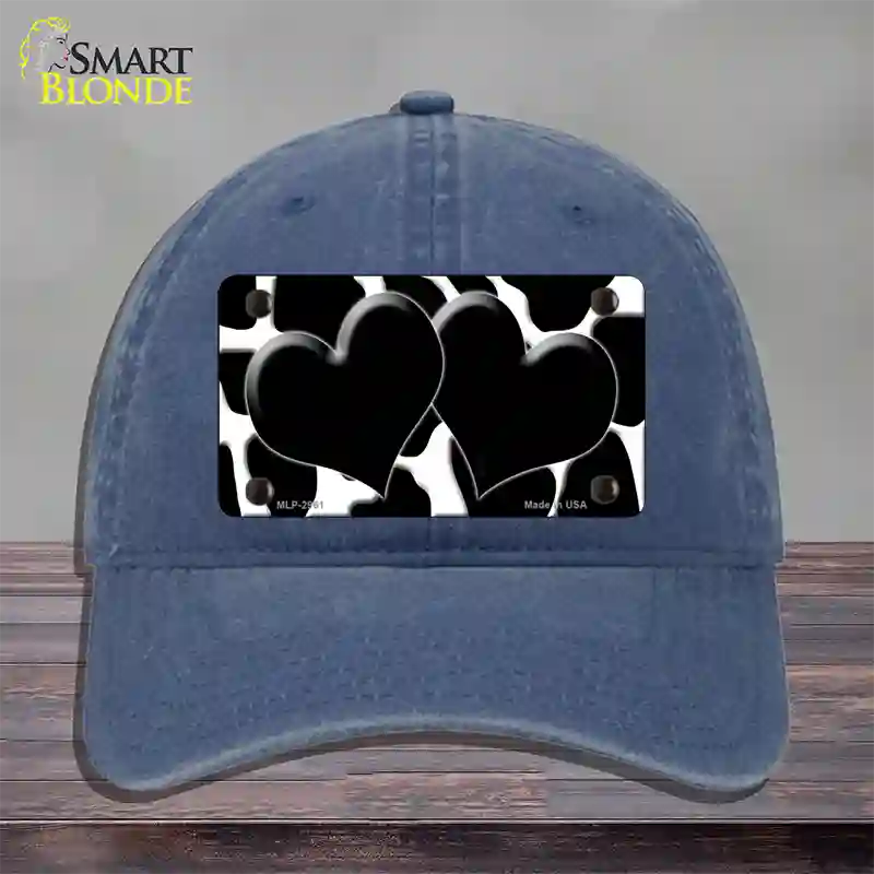 Black White Giraffe Black Centered Hearts Novelty License Plate Hat Unconstructed Cotton / Navy