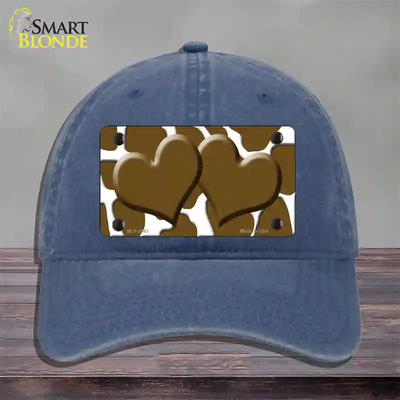 Brown White Giraffe Brown Centered Hearts Novelty License Plate Hat Unconstructed Cotton / Navy