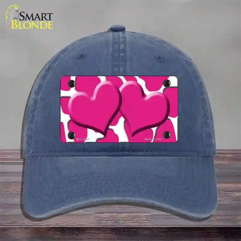 Pink White Giraffe Pink Centered Hearts Novelty License Plate Hat Unconstructed Cotton / Navy