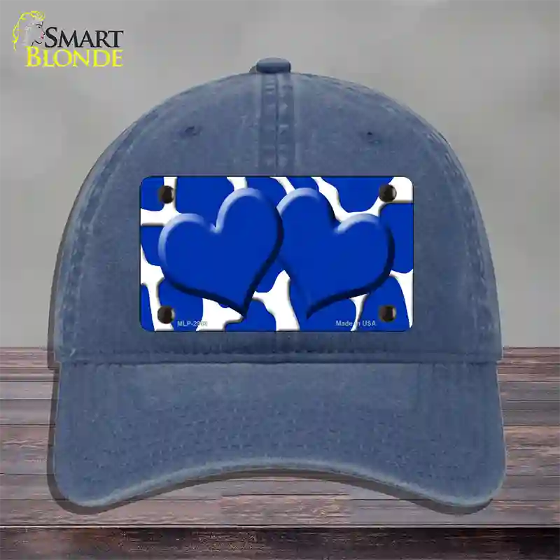 Blue White Giraffe Blue Centered Hearts Novelty License Plate Hat Unconstructed Cotton / Navy