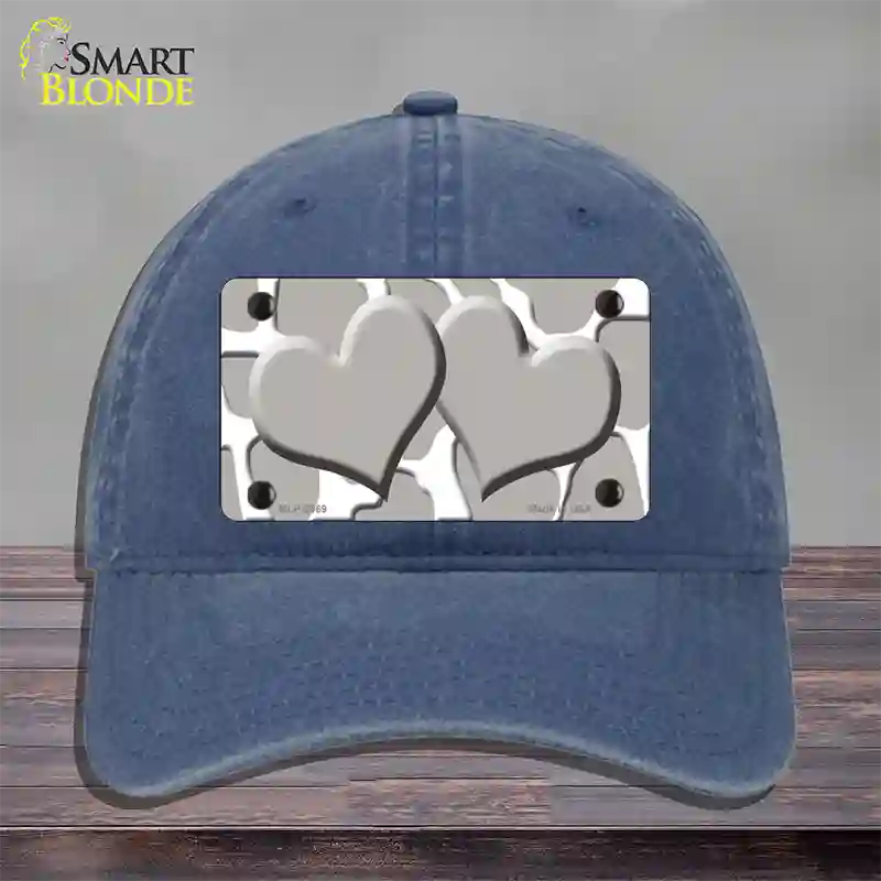 Grey White Giraffe Grey Centered Hearts Novelty License Plate Hat Unconstructed Cotton / Navy