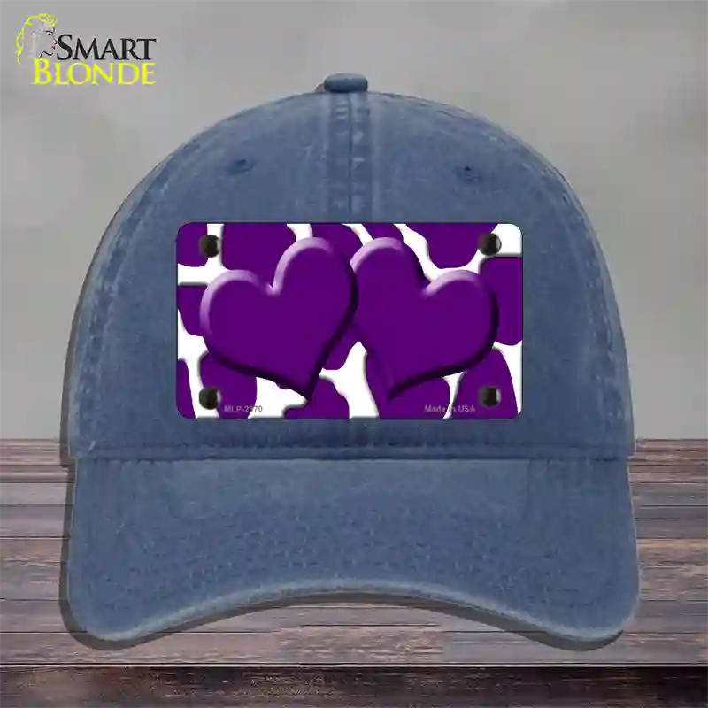 Purple White Giraffe Purple Centered Hearts Novelty License Plate Hat Unconstructed Cotton / Navy