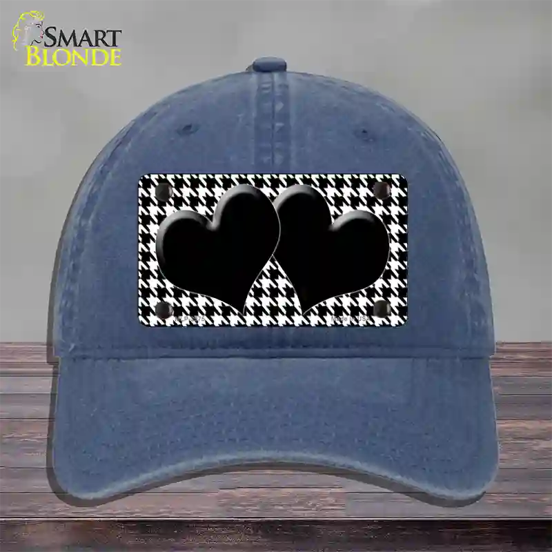 White Black Houndstooth Black Center Hearts Novelty License Plate Hat Unconstructed Cotton / Navy