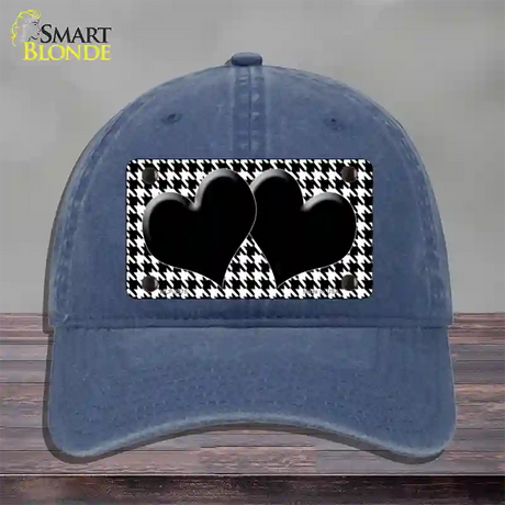 White Black Houndstooth Black Center Hearts Novelty License Plate Hat Unconstructed Cotton / Navy