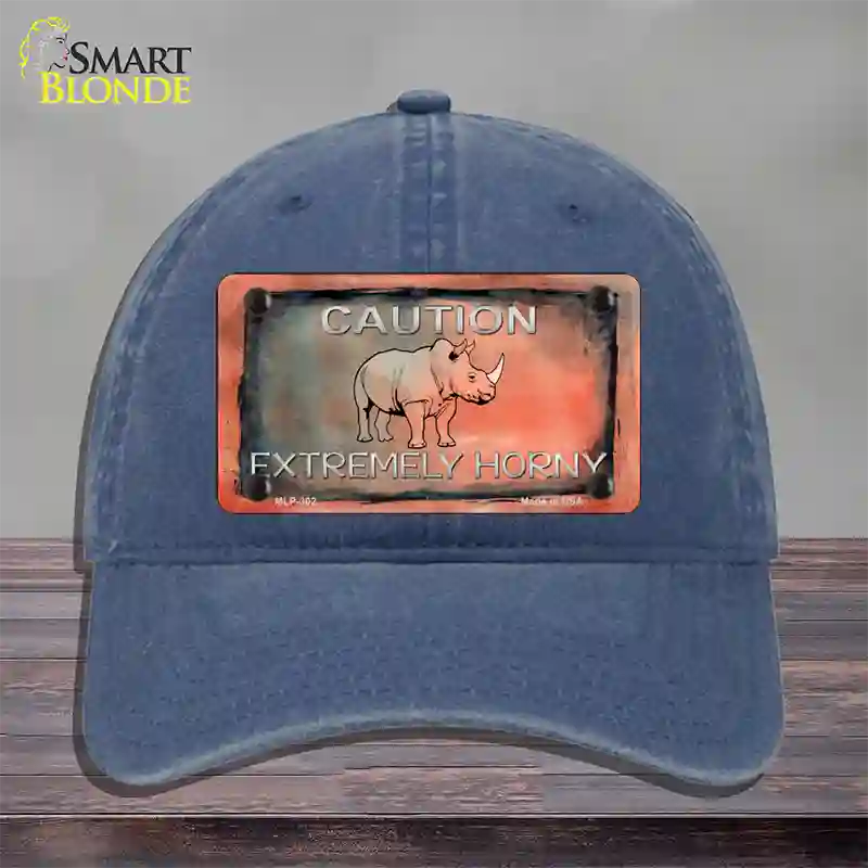 Caution Extremely Horny Novelty License Plate Hat Unconstructed Cotton / Navy