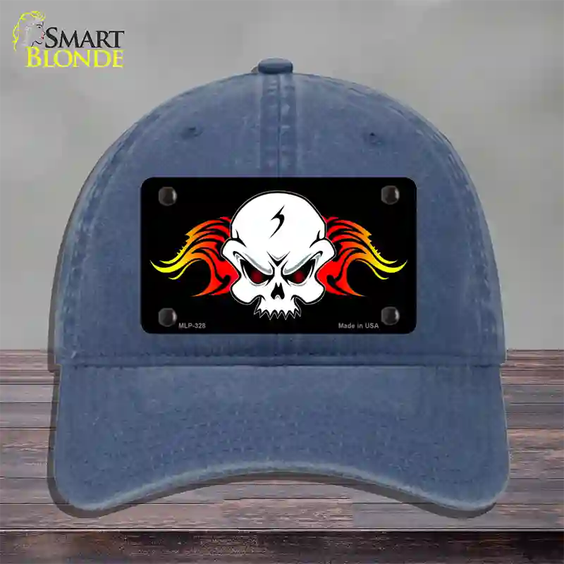 Skull Flame Novelty License Plate Hat Unconstructed Cotton / Navy