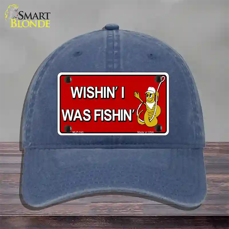 Wishin I Was Fishin Red Novelty License Plate Hat Unconstructed Cotton / Navy