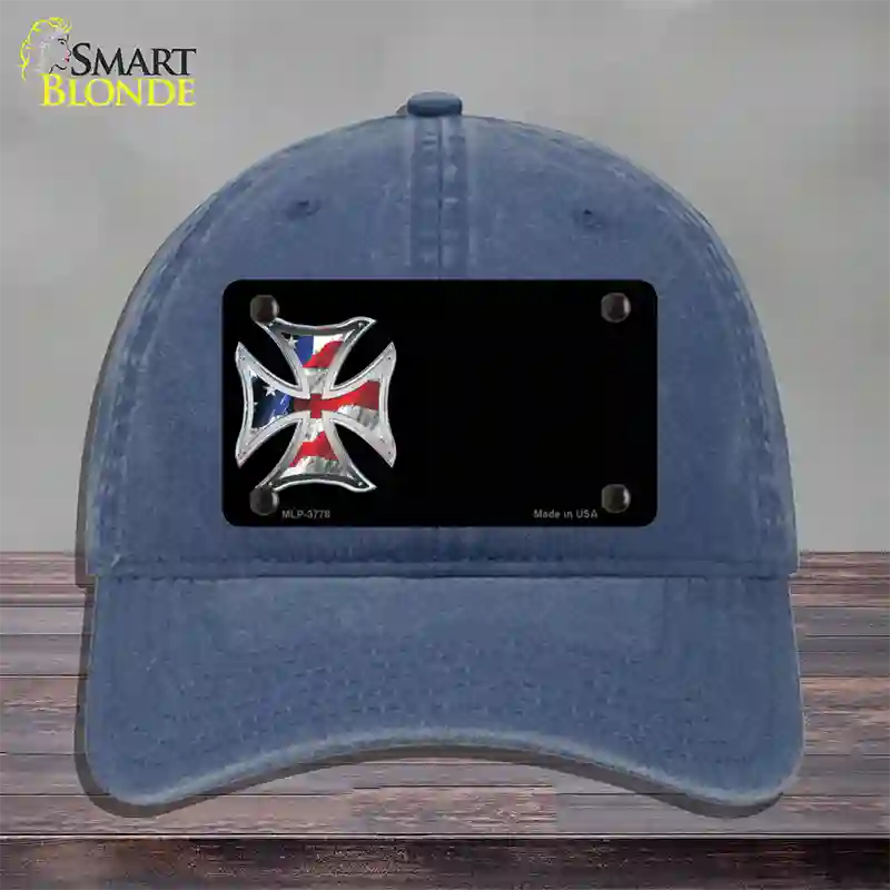 American Flag Maltese Cross Offset Novelty License Plate Hat Unconstructed Cotton / Navy