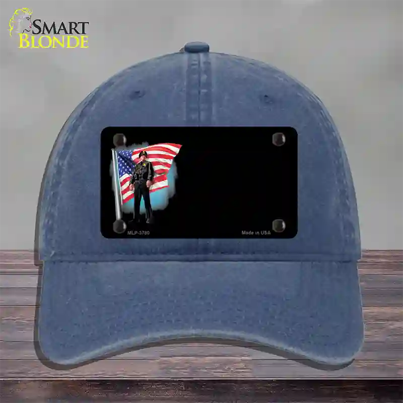 Police Officer American Flag Offset Novelty License Plate Hat Unconstructed Cotton / Navy