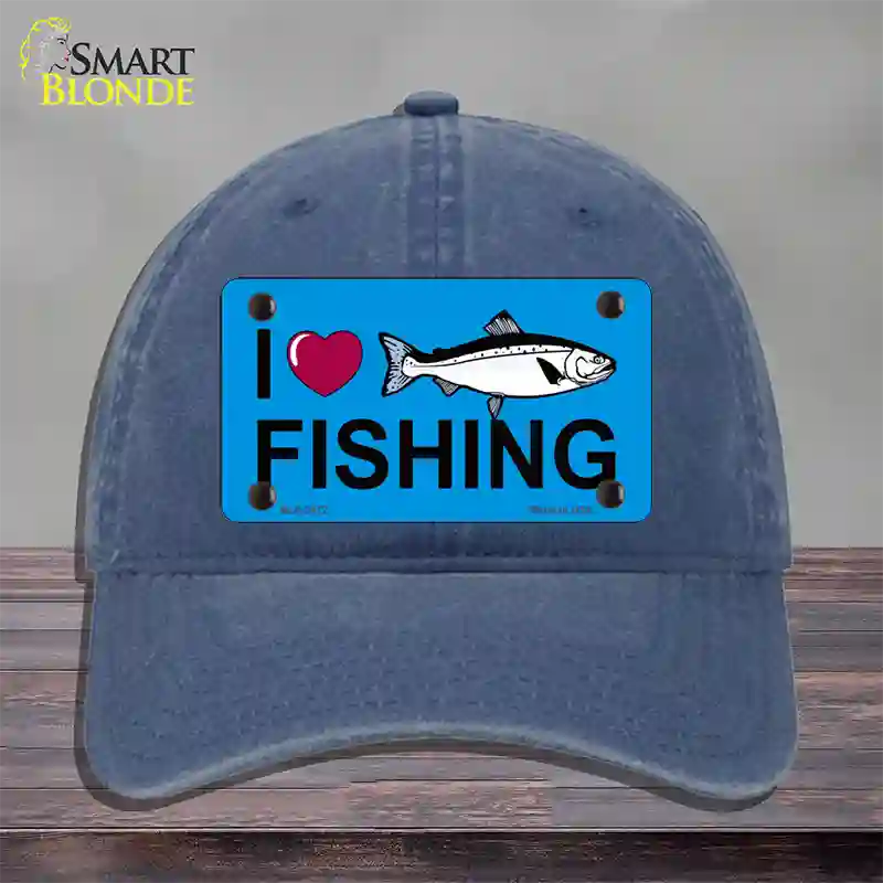 I Love Fishing Novelty License Plate Hat Unconstructed Cotton / Navy