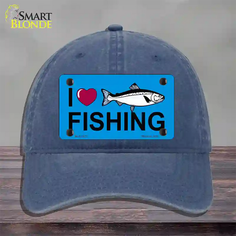 I Love Fishing Novelty License Plate Hat Unconstructed Cotton / Navy