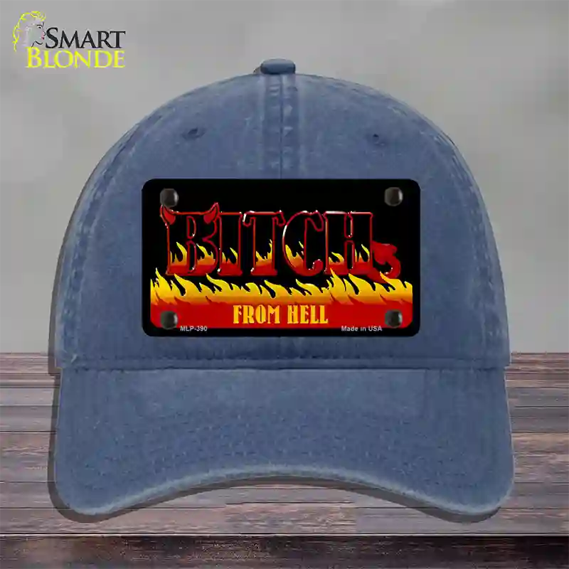 Bitch From Hell Flames Novelty License Plate Hat Unconstructed Cotton / Navy