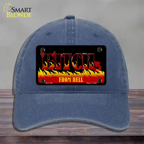 Bitch From Hell Flames Novelty License Plate Hat Unconstructed Cotton / Navy