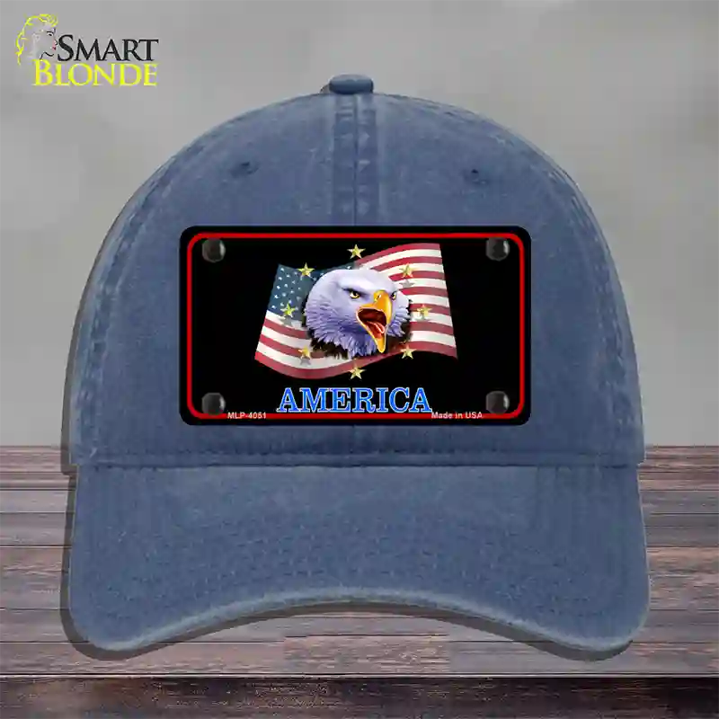 Waving Flag Bald Eagle Black Novelty License Plate Hat Unconstructed Cotton / Navy