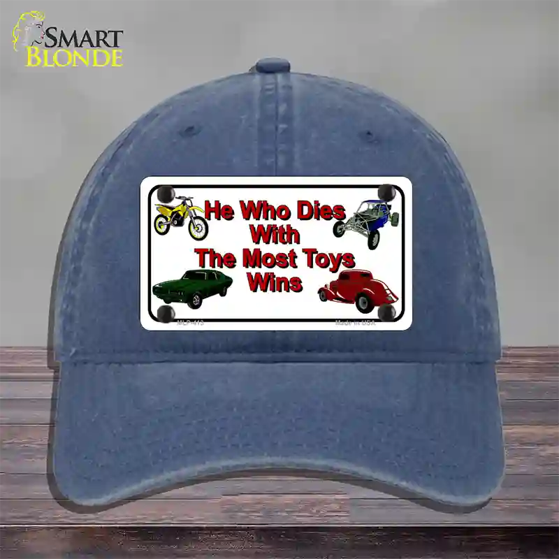 He With The Most Toys Wins Novelty License Plate Hat Unconstructed Cotton / Navy