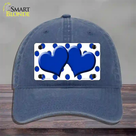 Blue White Polka Dot Blue Centered Hearts Novelty License Plate Hat Unconstructed Cotton / Navy