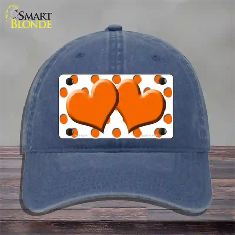 Orange White Polka Dot Orange Centered Hearts Novelty License Plate Hat Unconstructed Cotton / Navy