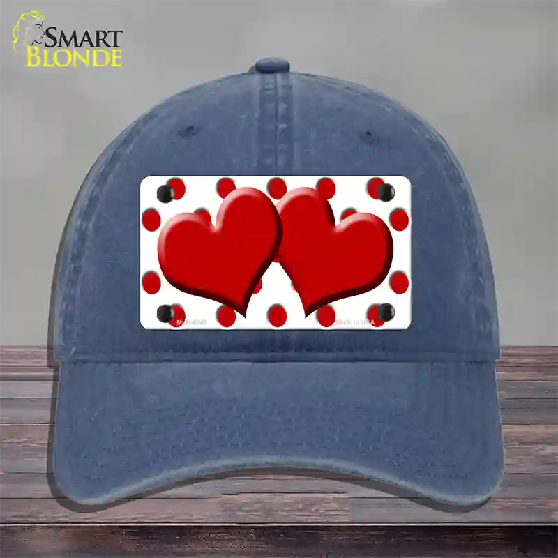 Red White Polka Dot Red Centered Hearts Novelty License Plate Hat Unconstructed Cotton / Navy