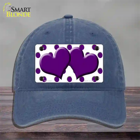 Purple White Polka Dot Purple Centered Hearts Novelty License Plate Hat Unconstructed Cotton / Navy