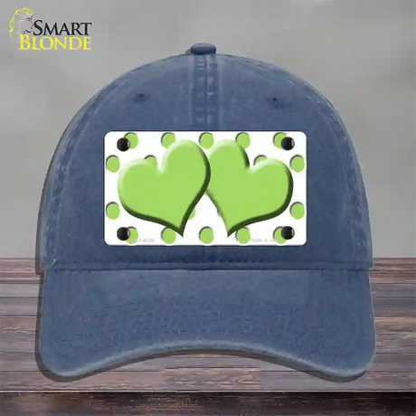 Lime Green White Polka Dot Lime Green Centered Hearts Novelty License Plate Hat Unconstructed Cotton / Navy