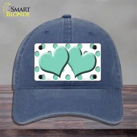 Mint White Polka Dot Mint Centered Hearts Novelty License Plate Hat Unconstructed Cotton / Navy