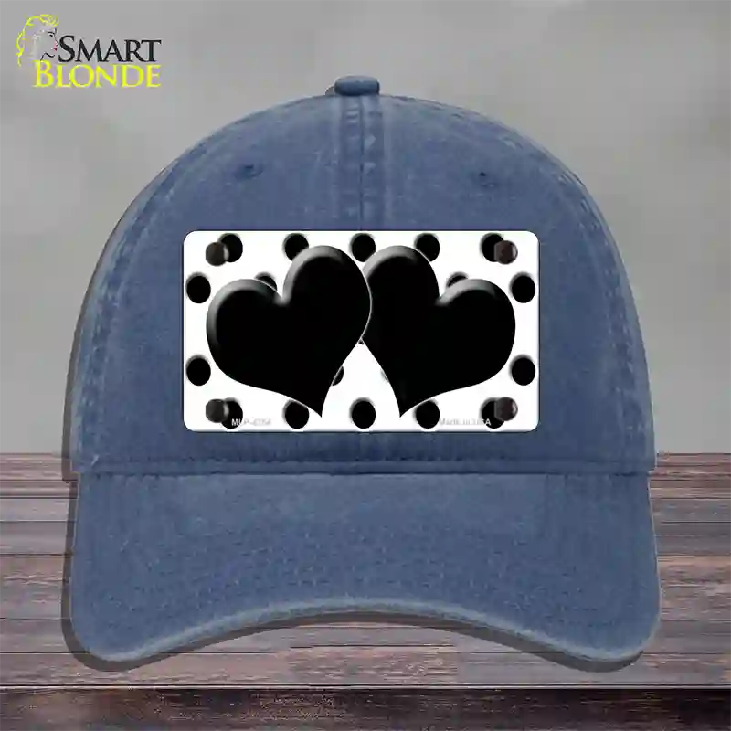 Black White Polka Dot Black Centered Hearts Novelty License Plate Hat Unconstructed Cotton / Navy