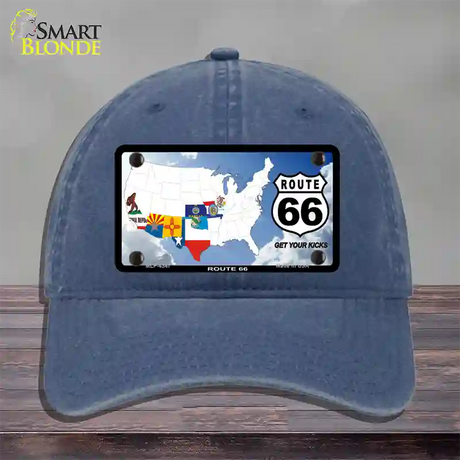 Route 66 8 Flags Clouds Novelty License Plate Hat Unconstructed Cotton / Navy