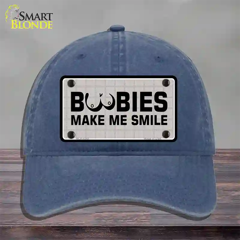 Boobies Make Me Smile Novelty License Plate Hat Unconstructed Cotton / Navy