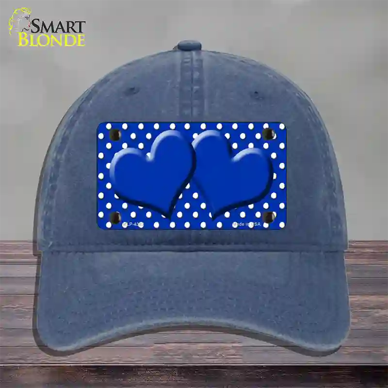 Blue White Polka Dot Center Hearts Novelty License Plate Hat Unconstructed Cotton / Navy