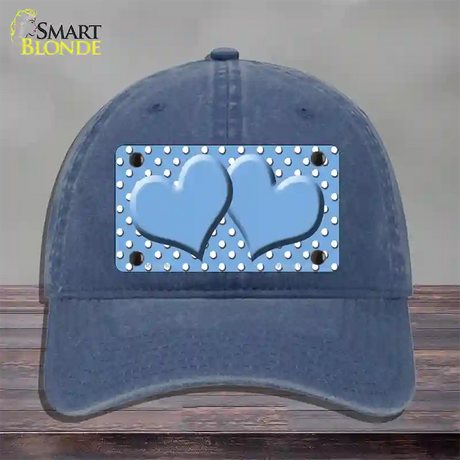 Light Blue White Polka Dot Center Hearts Novelty License Plate Hat Unconstructed Cotton / Navy