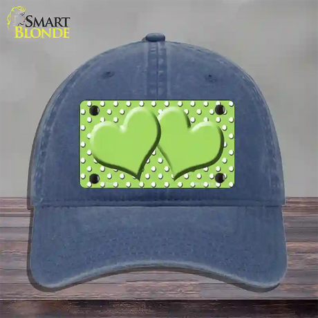 Lime Green White Polka Dot Center Hearts Novelty License Plate Hat Unconstructed Cotton / Navy
