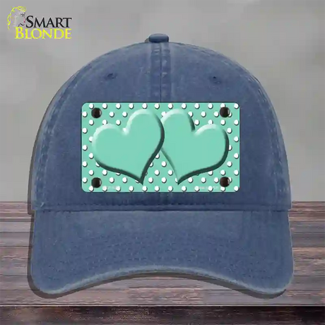 Mint White Polka Dot Center Hearts Novelty License Plate Hat Unconstructed Cotton / Navy