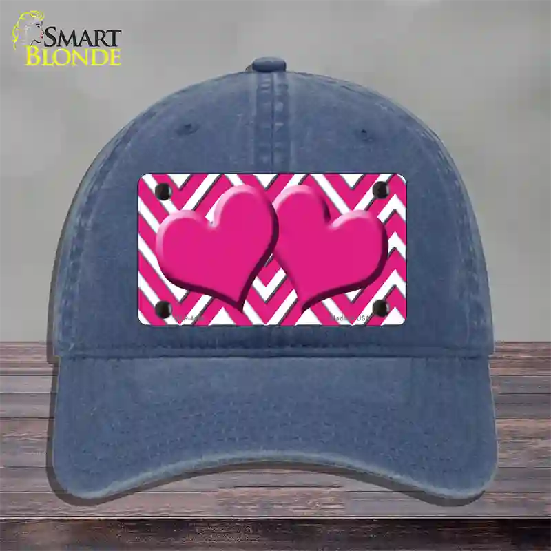 Pink White Large Chevron Hot Pink Center Hearts Novelty License Plate Hat Unconstructed Cotton / Navy