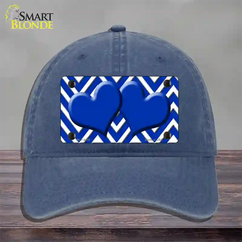 Blue White Large Chevron Blue Center Hearts Novelty License Plate Hat Unconstructed Cotton / Navy