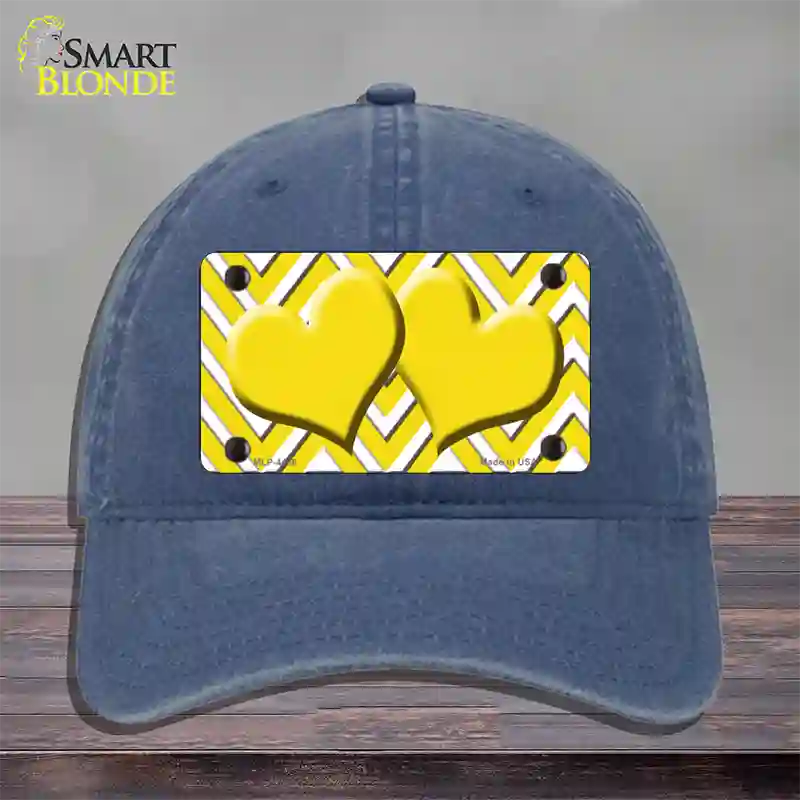 Yellow White Large Chevron Yellow Center Hearts Novelty License Plate Hat Unconstructed Cotton / Navy