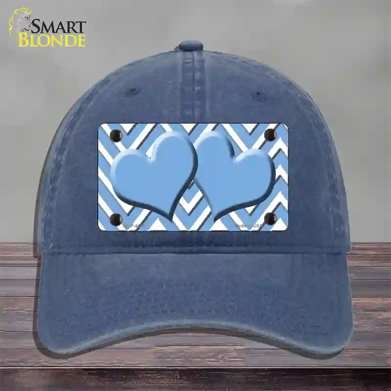 Light Blue White Large Chevron Light Blue Center Hearts Novelty License Plate Hat Unconstructed Cotton / Navy