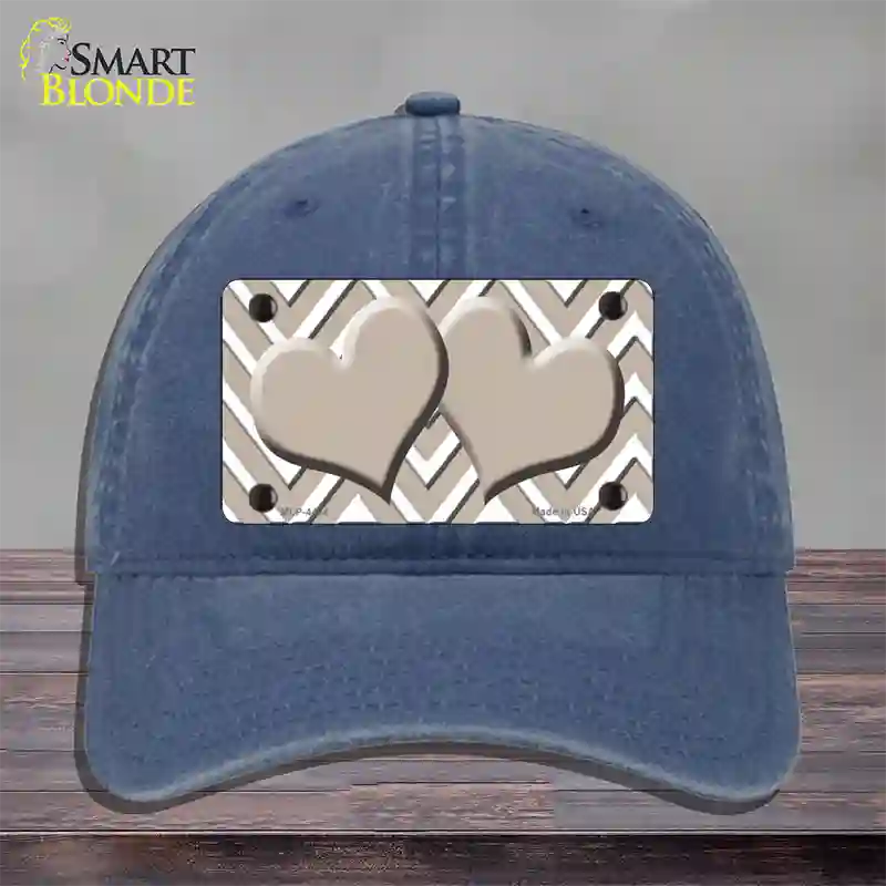 Tan White Large Chevron Tan Center Hearts Novelty License Plate Hat Unconstructed Cotton / Navy