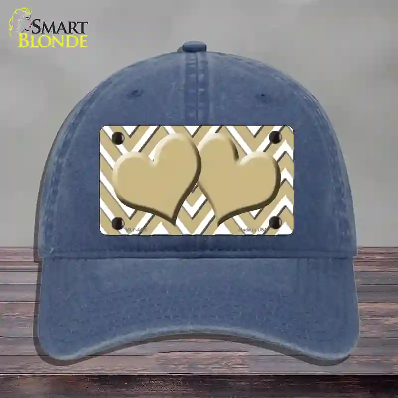 Gold White Large Chevron Gold Center Hearts Novelty License Plate Hat Unconstructed Cotton / Navy