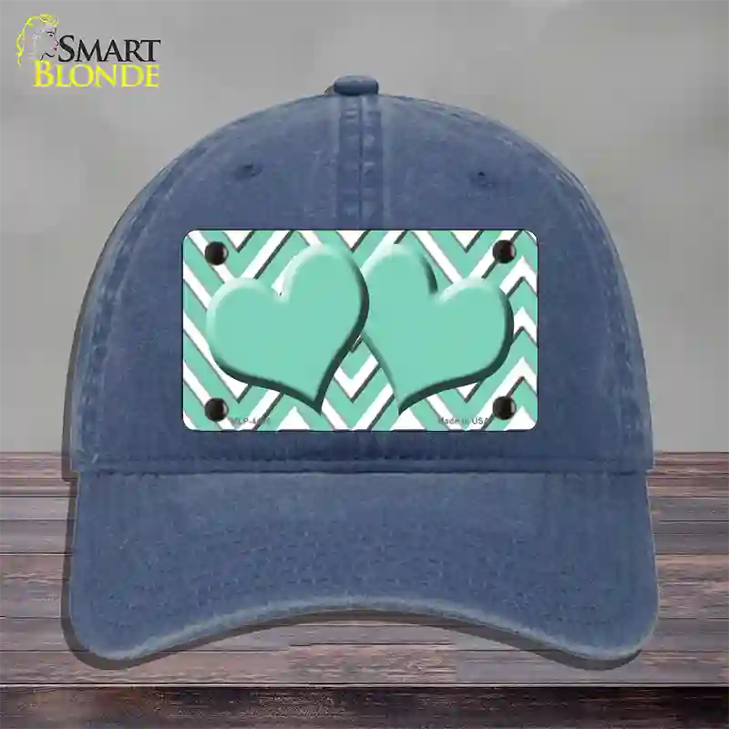 Mint White Large Chevron Mint Center Hearts Novelty License Plate Hat Unconstructed Cotton / Navy