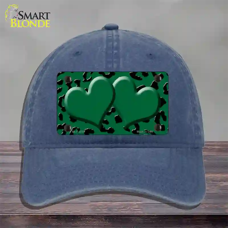 Green Black Cheetah Green Center Hearts Novelty License Plate Hat Unconstructed Cotton / Navy