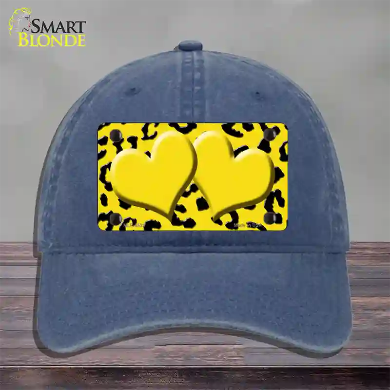 Yellow Black Cheetah Yellow Center Hearts Novelty License Plate Hat Unconstructed Cotton / Navy