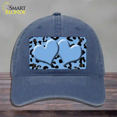 Light Blue Black Cheetah Light Blue Center Hearts Novelty License Plate Hat Unconstructed Cotton / Navy