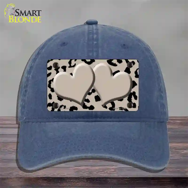 Tan Black Cheetah Tan Center Hearts Novelty License Plate Hat Unconstructed Cotton / Navy