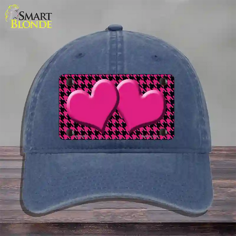 Pink Black Houndstooth Pink Center Hearts Novelty License Plate Hat Unconstructed Cotton / Navy