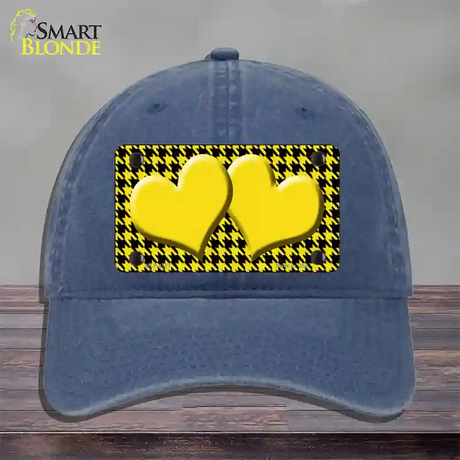 Yellow Black Houndstooth Yellow Center Hearts Novelty License Plate Hat Unconstructed Cotton / Navy