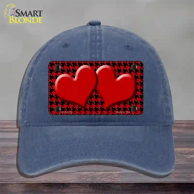 Red Black Houndstooth Red Center Hearts Novelty License Plate Hat Unconstructed Cotton / Navy