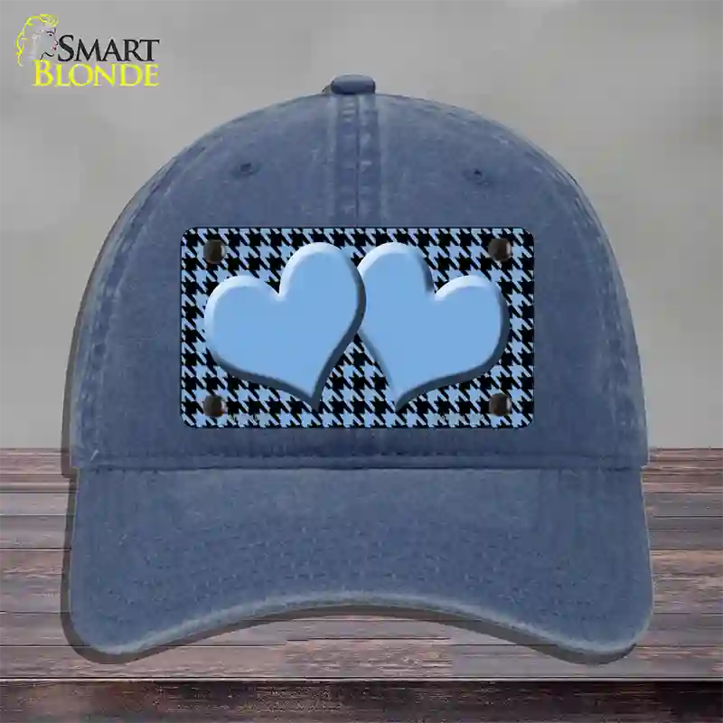 Light Blue Black Houndstooth Light Blue Center Hearts Novelty License Plate Hat Unconstructed Cotton / Navy