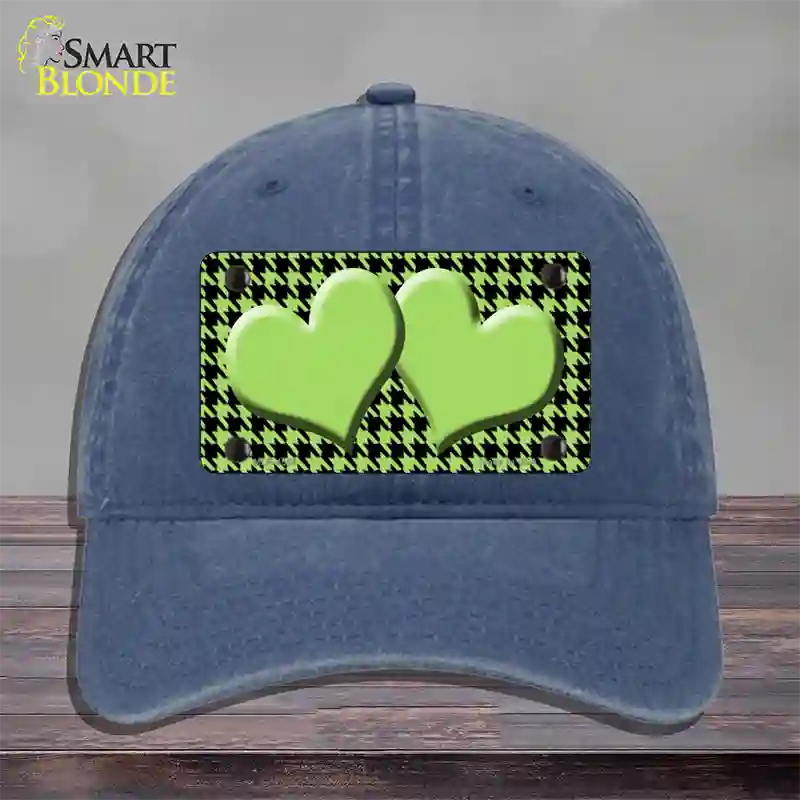 Lime Green Black Houndstooth Lime Green Center Hearts Novelty License Plate Hat Unconstructed Cotton / Navy