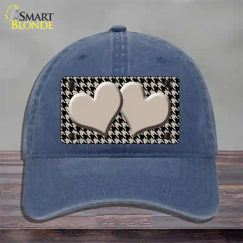 Tan Black Houndstooth Tan Center Hearts Novelty License Plate Hat Unconstructed Cotton / Navy